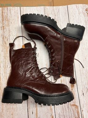 Brown Leather Combat Boots - Women